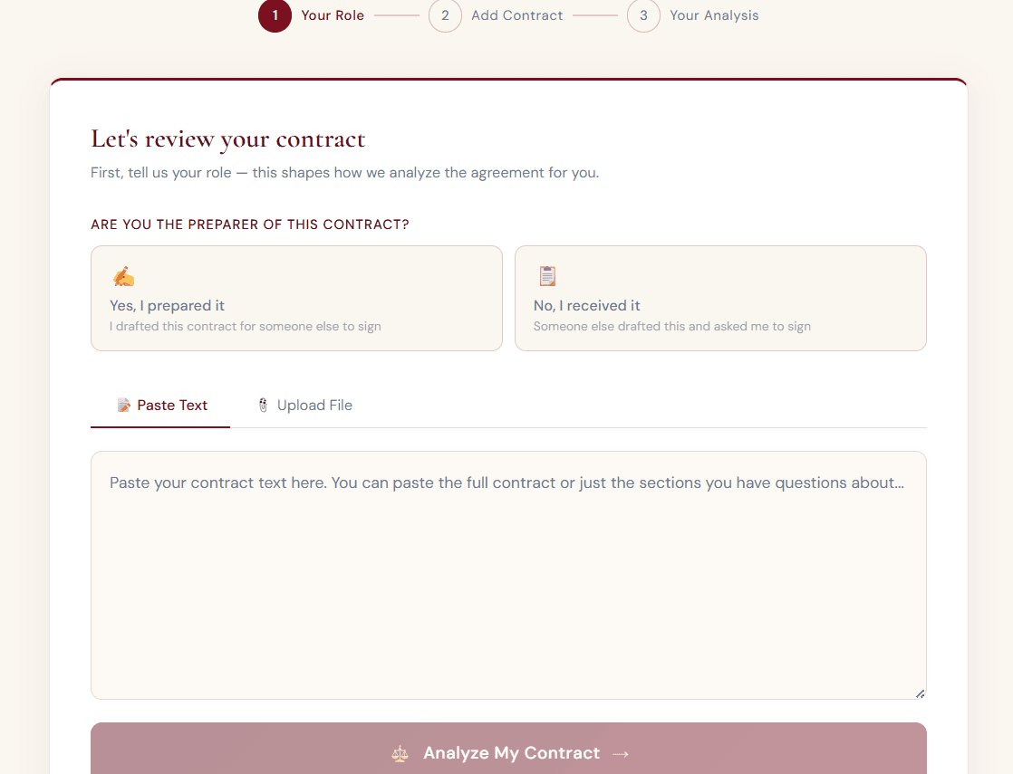 Contract intake: choose your role, then paste or upload the contract