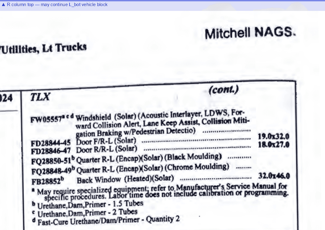 A vehicle's listing rows continuing at the top of the next column under a bare "(cont.)" marker, with no repeated header