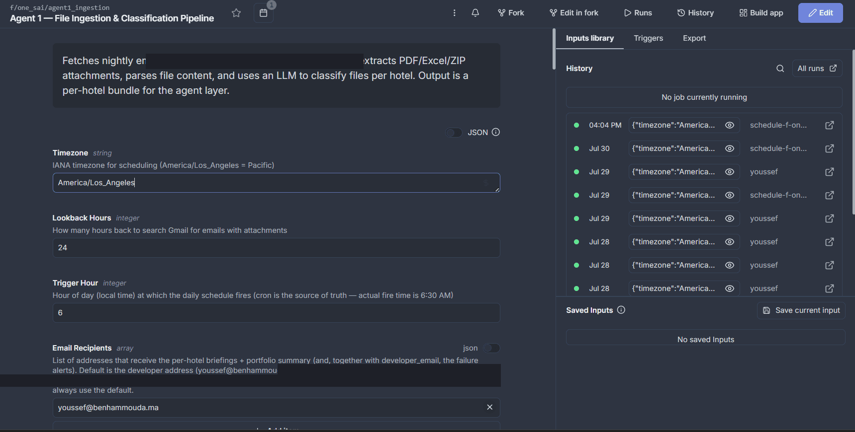 Agent configuration panel showing schedule, timezone, and per-run inputs