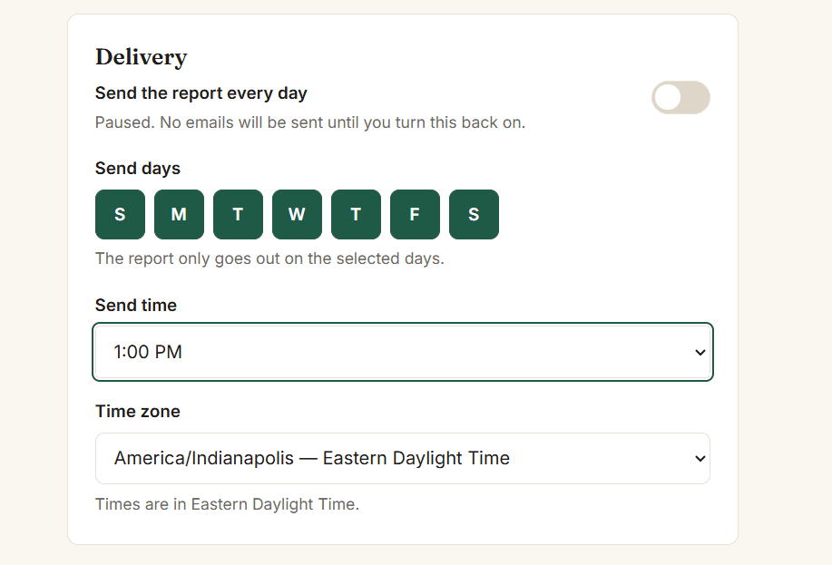 Delivery schedule: days of week, send time, and timezone, editable by the client