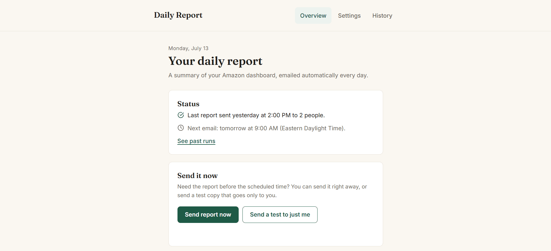Daily report overview showing last send status and manual send buttons