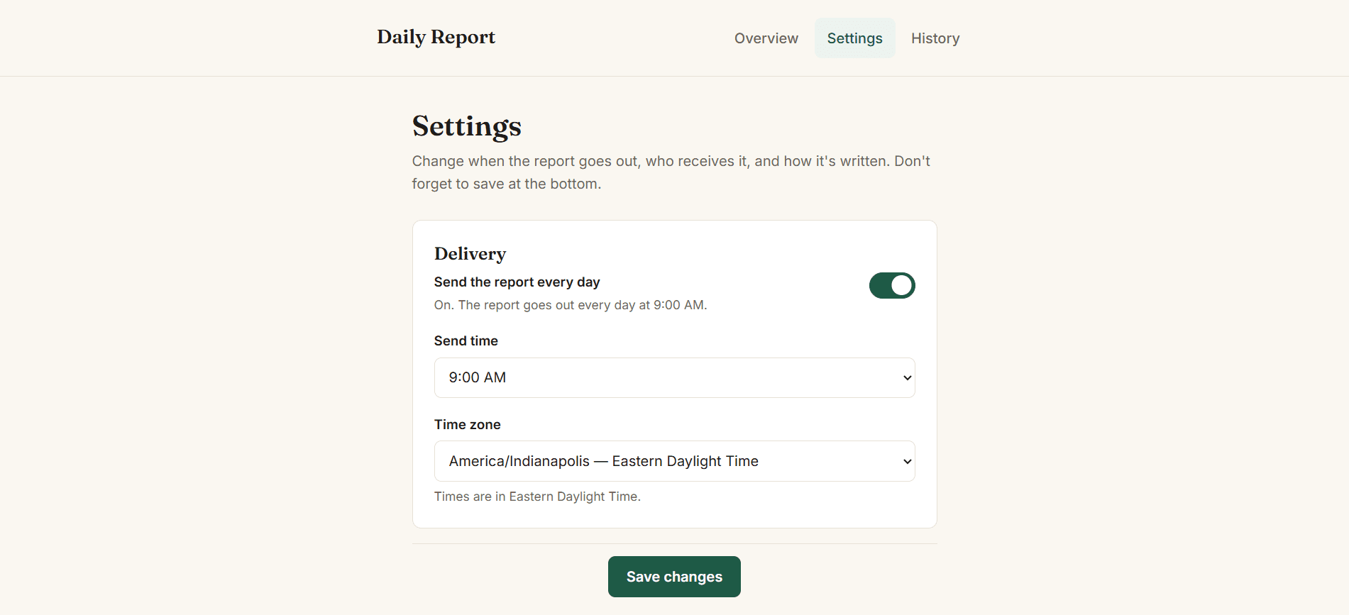 Settings page: delivery toggle, send time, and timezone in one place
