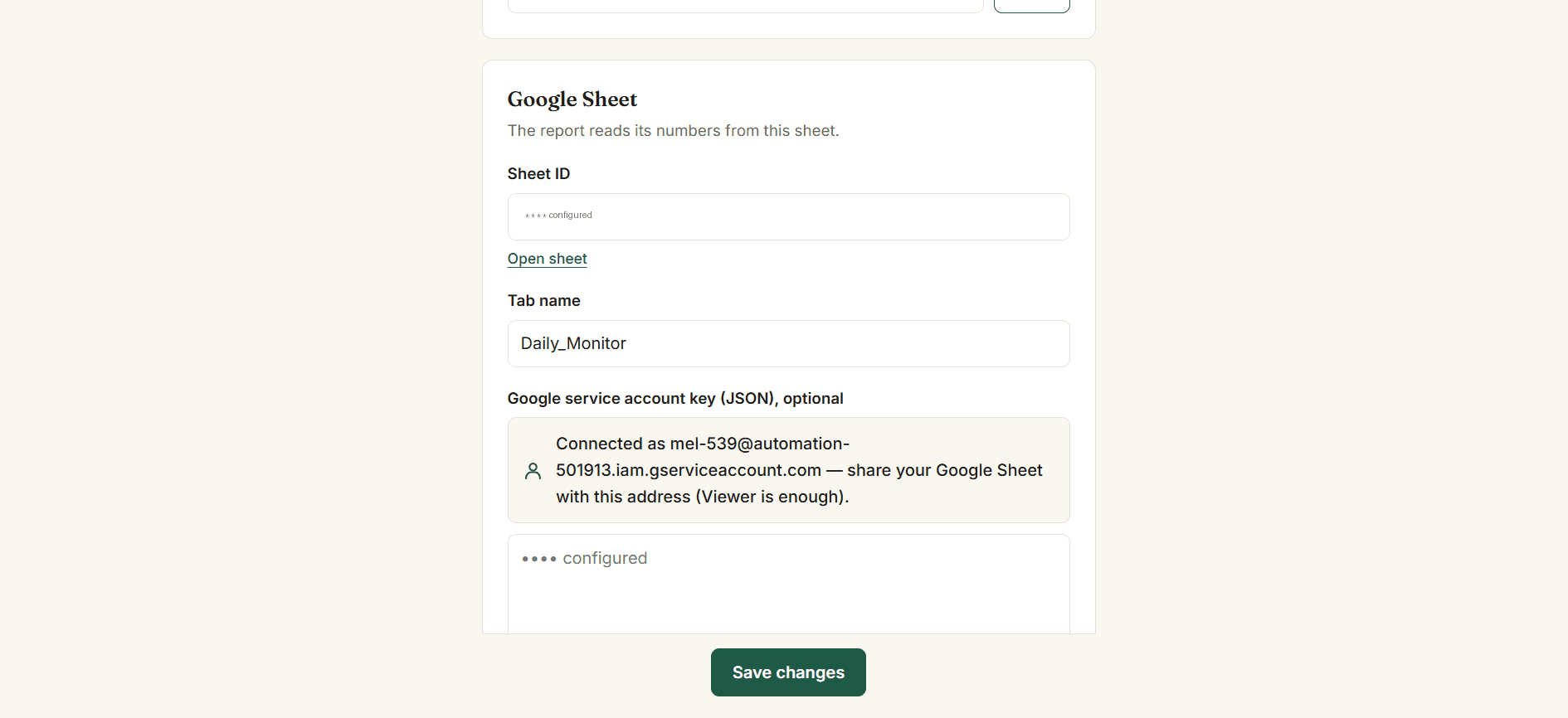 Google Sheet connection: sheet ID, tab name, and service account status