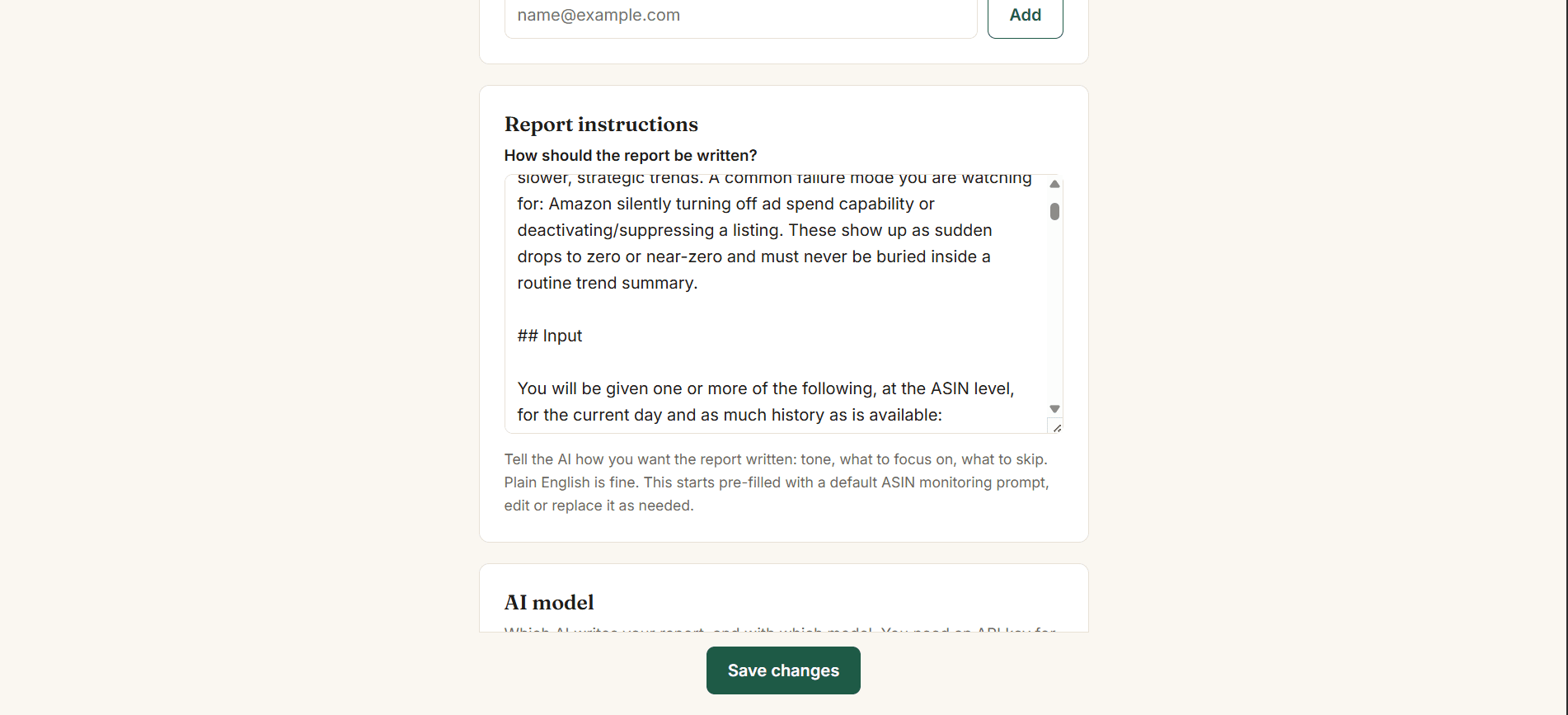 AI model configuration: provider and model choice, with a one-click connection test