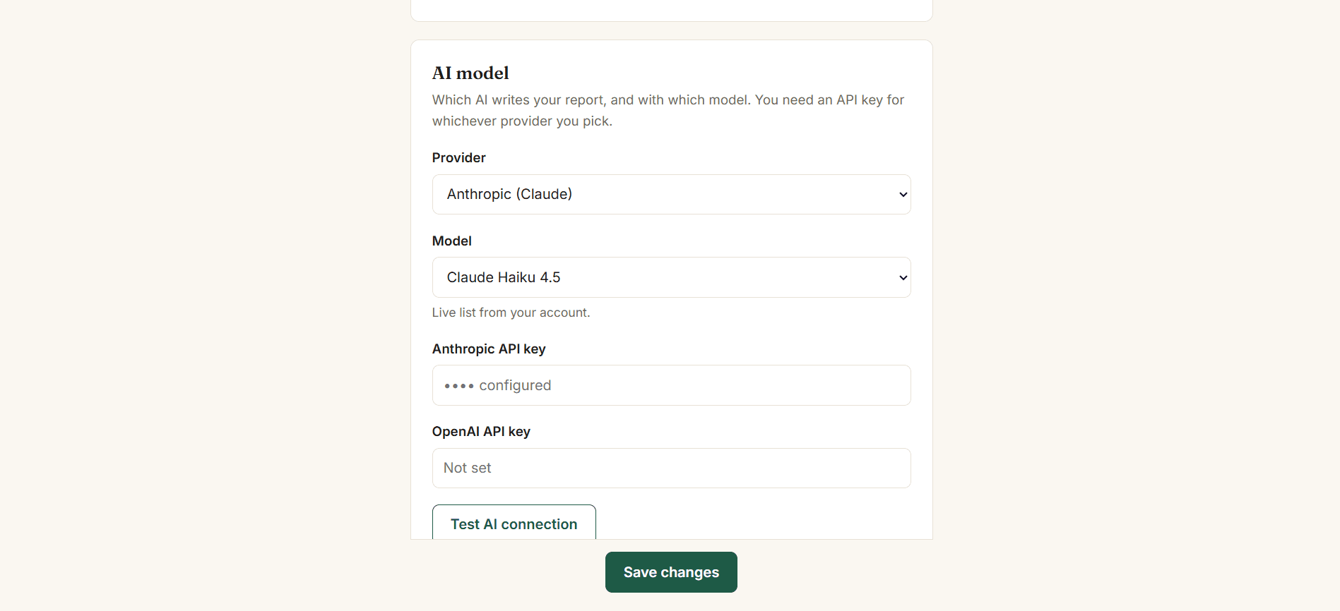 Report instructions: a plain-English prompt box the client edits herself
