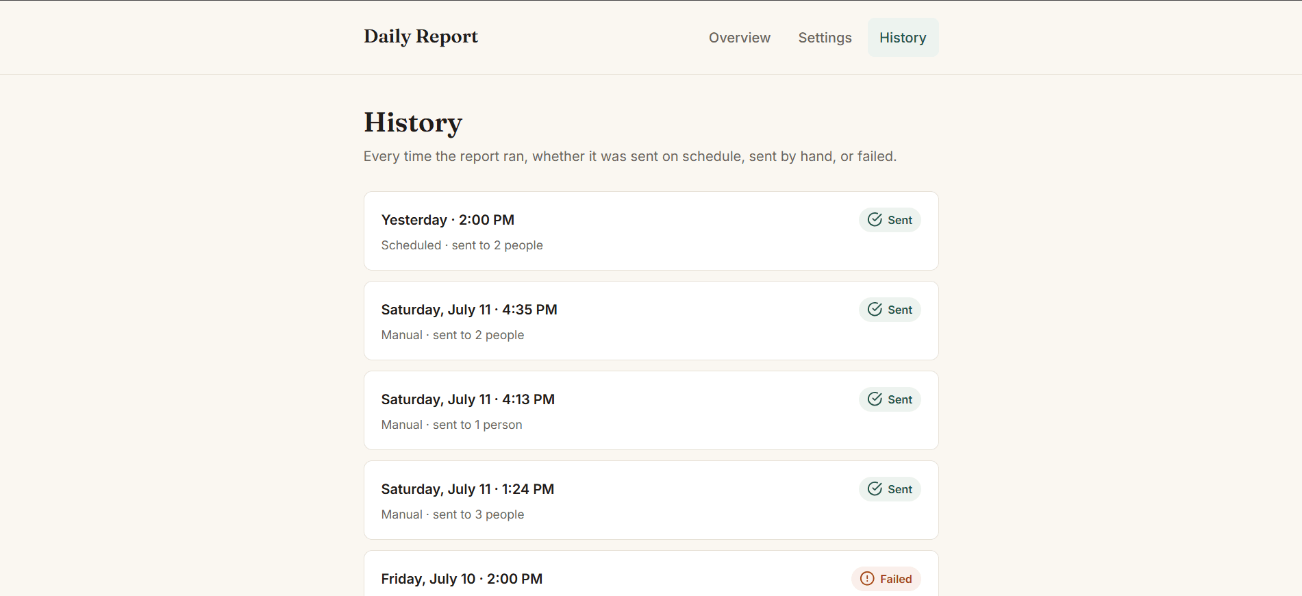 Run history: every send, scheduled or manual, with status